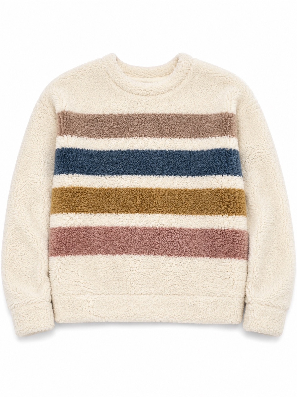Thread & Supply Cream Sherpa Crewneck with Brown, Blue, Gold & Mauve Stripes